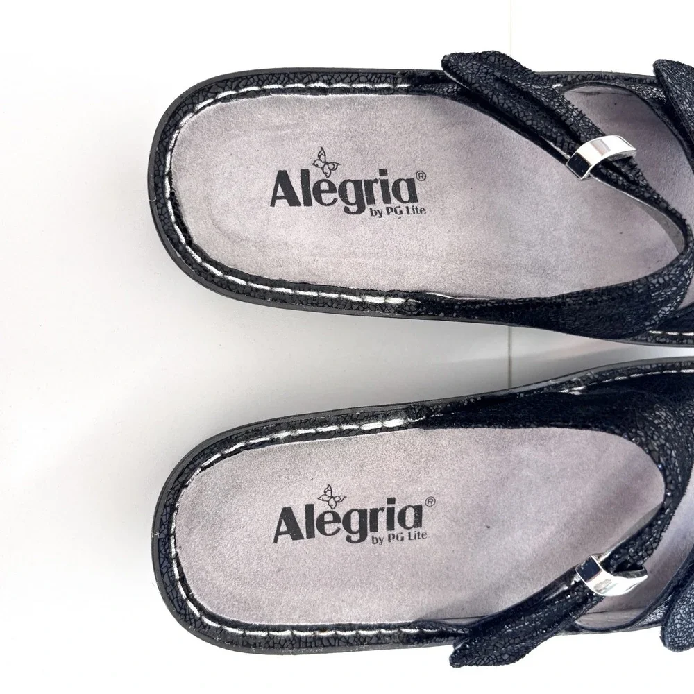 Alegria Karmen Double Strap Leather Slide Sandals Size 41 10.5-11Black Metallic